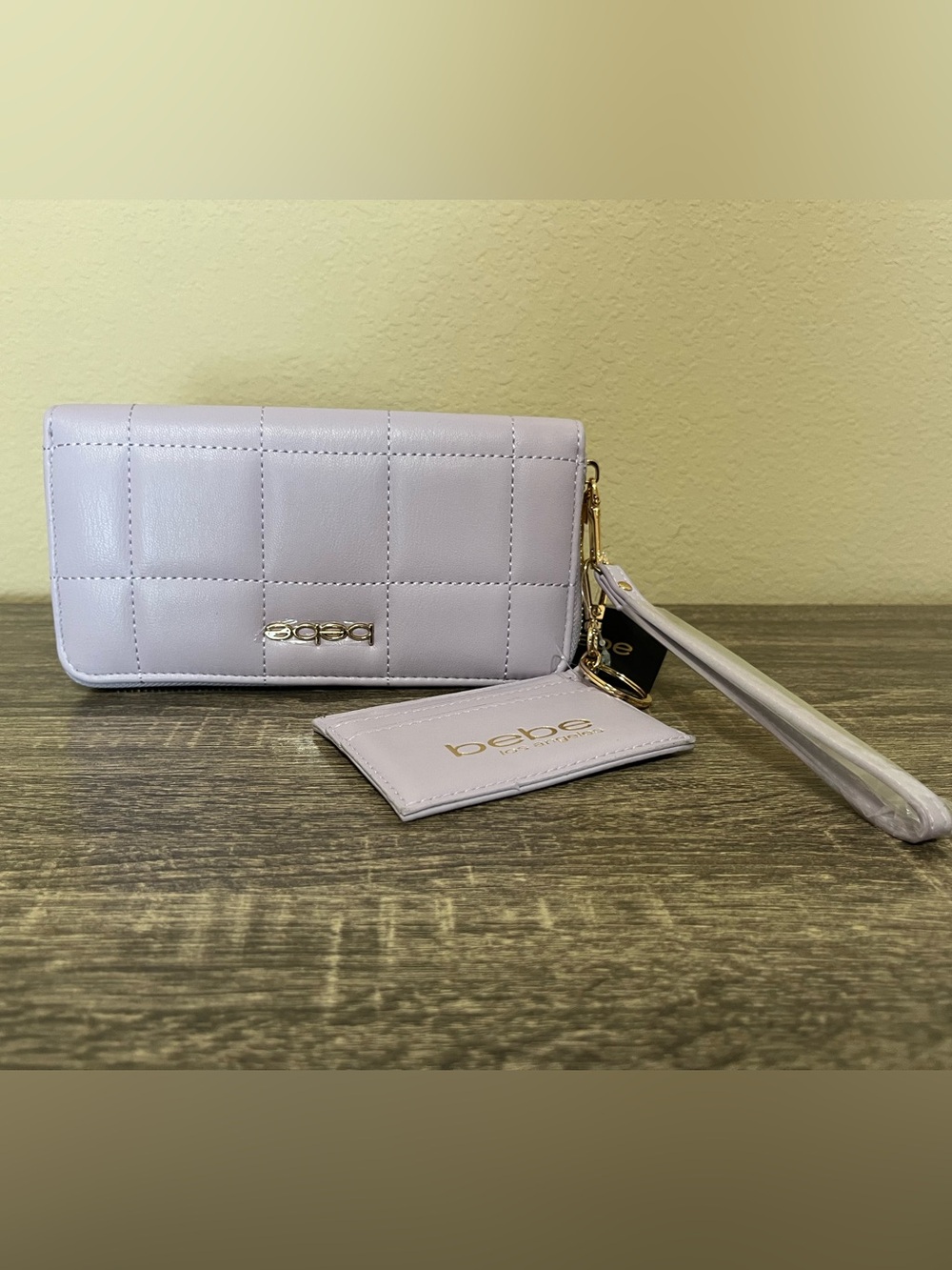 Bebe Quilted Lavender Wristlet with Gold Hardware
